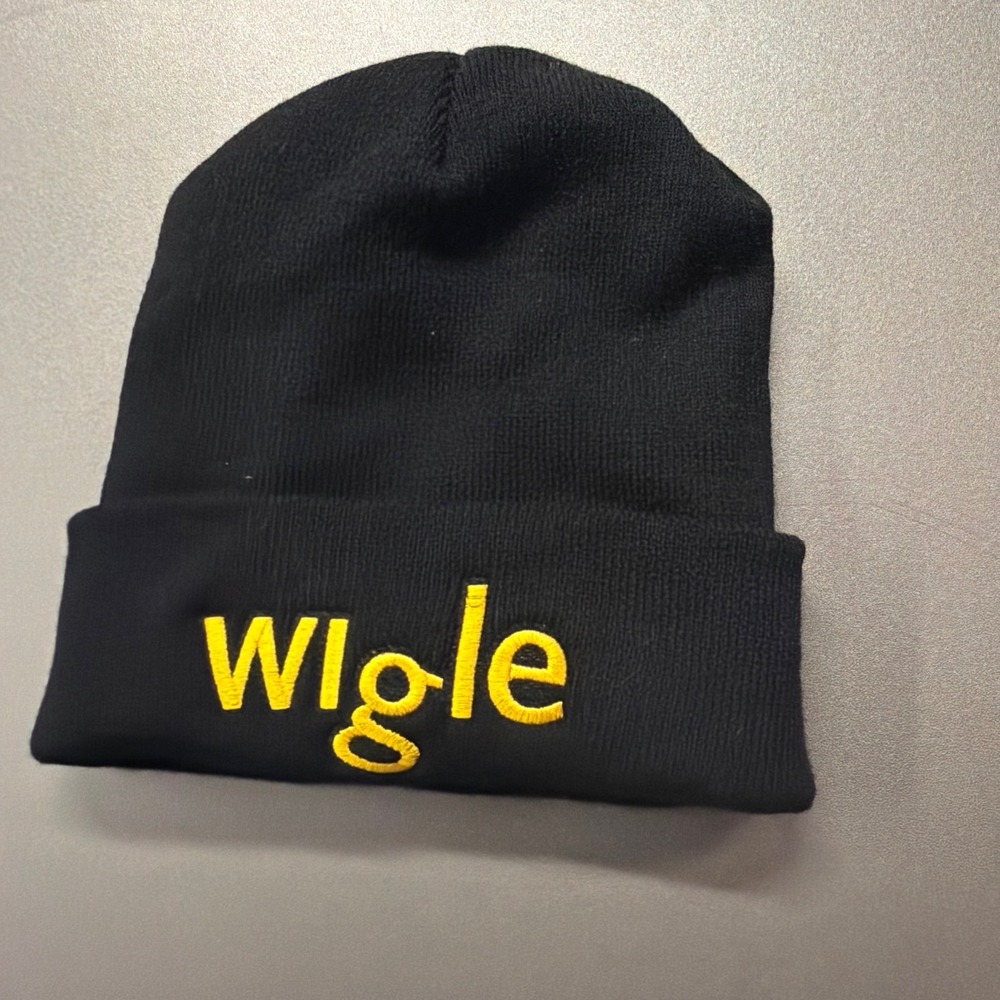 Wigle‎ Whiskey Black Knit Beanie Hat Yellow Embroidered Logo Cuffed Watch Cap